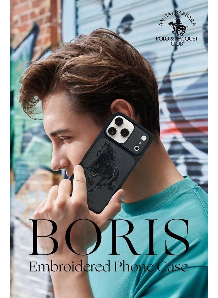 Boris Series Horse Embroidery Phone Case for iPhone 17 Pro Max – Shockproof, Premium Pleather  TPU, Anti-Slip Grip, Raised Edges for Screen  Camera Protection, Scratch-Resistant, Lightweight  Slim Design – Navy Blue - Image 4